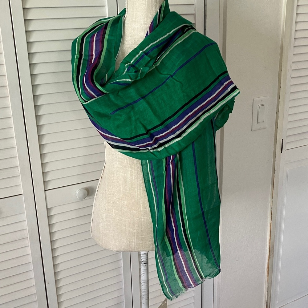 Lightweight Green‎ Striped Women's Wrap Scarf Fringed Hem